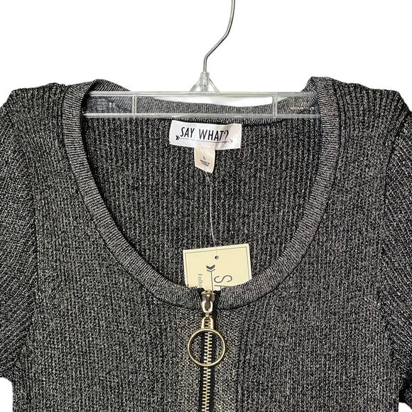 Say What Dress Womens Large Black Silver Zip Front Metallic Bodycon Party Knit - Picture 10 of 14
